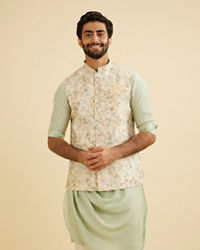 Manyavar Men Buttercream White Floral Printed Jacket