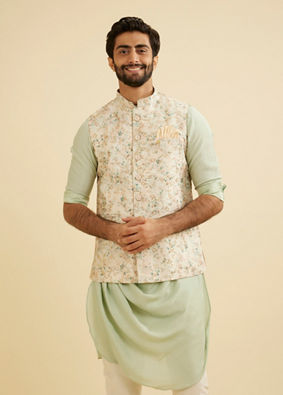 Manyavar Men Buttercream White Floral Printed Jacket