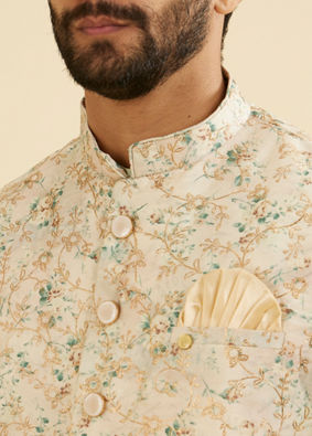 Manyavar Men Buttercream White Floral Printed Jacket