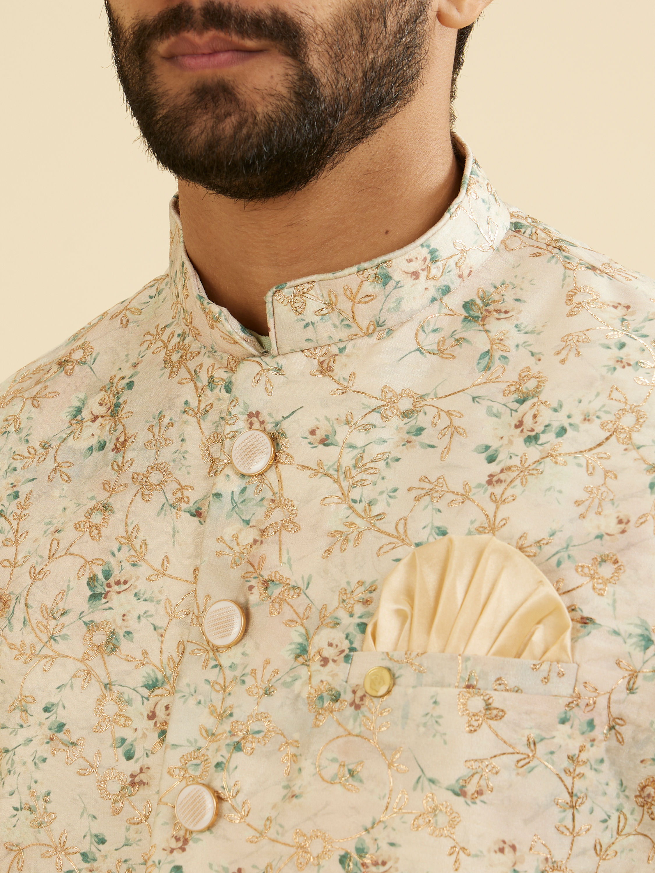 Manyavar Men Buttercream White Floral Printed Jacket