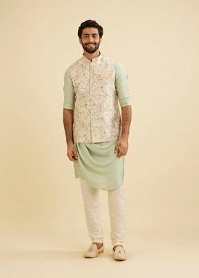 Manyavar Men Buttercream White Floral Printed Jacket image number 2