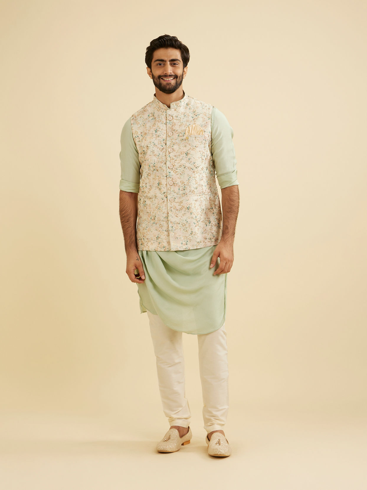 Manyavar Men Buttercream White Floral Printed Jacket