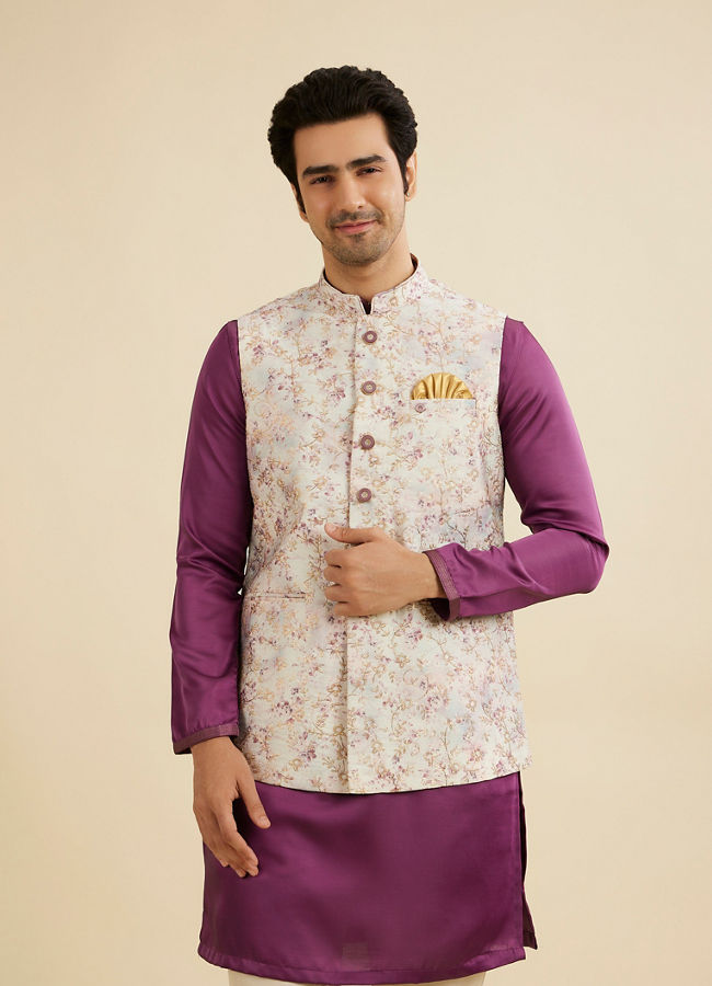 Manyavar Men Soft Lilac Floral Printed Nehru Jacket