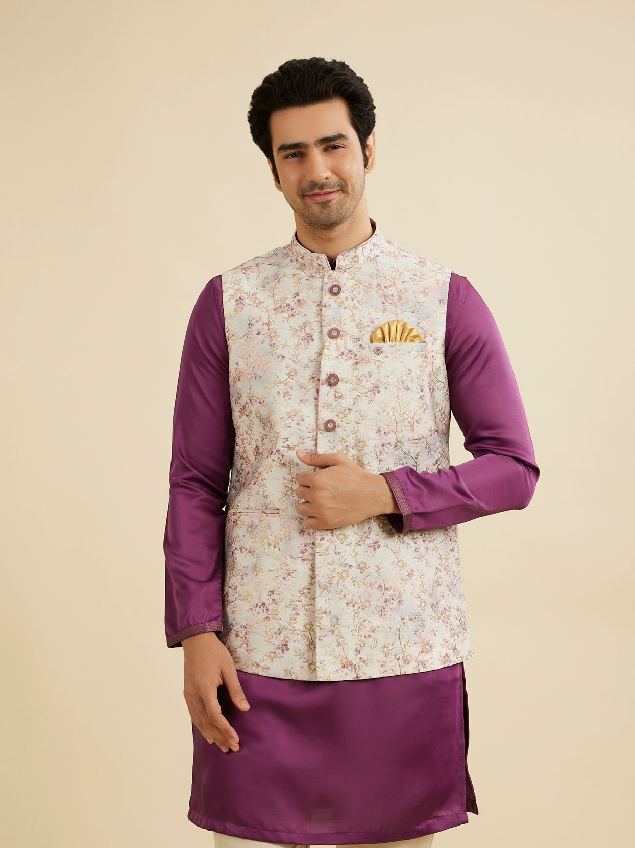 Manyavar Men Soft Lilac Floral Printed Nehru Jacket