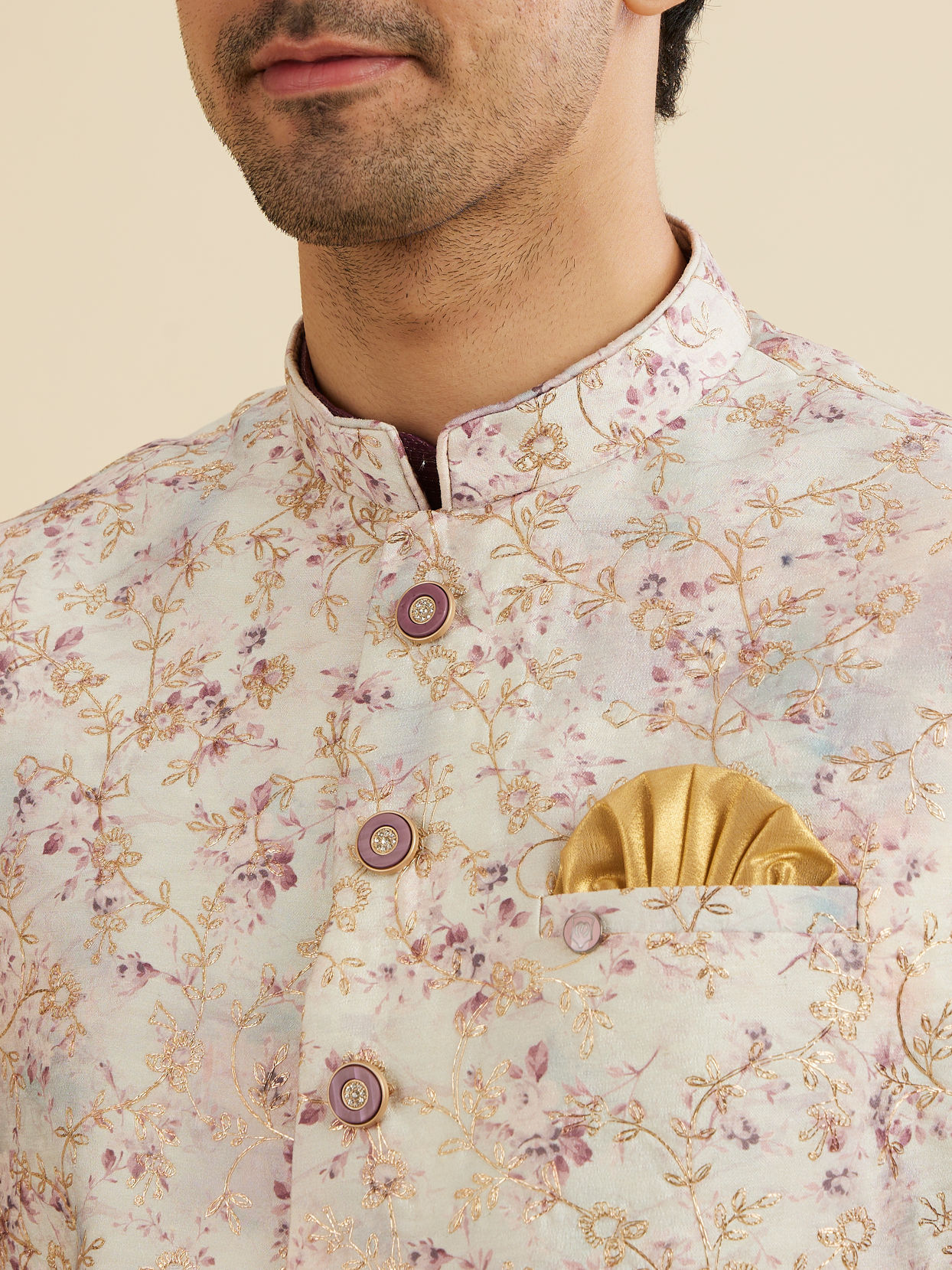 Manyavar Men Soft Lilac Floral Printed Nehru Jacket