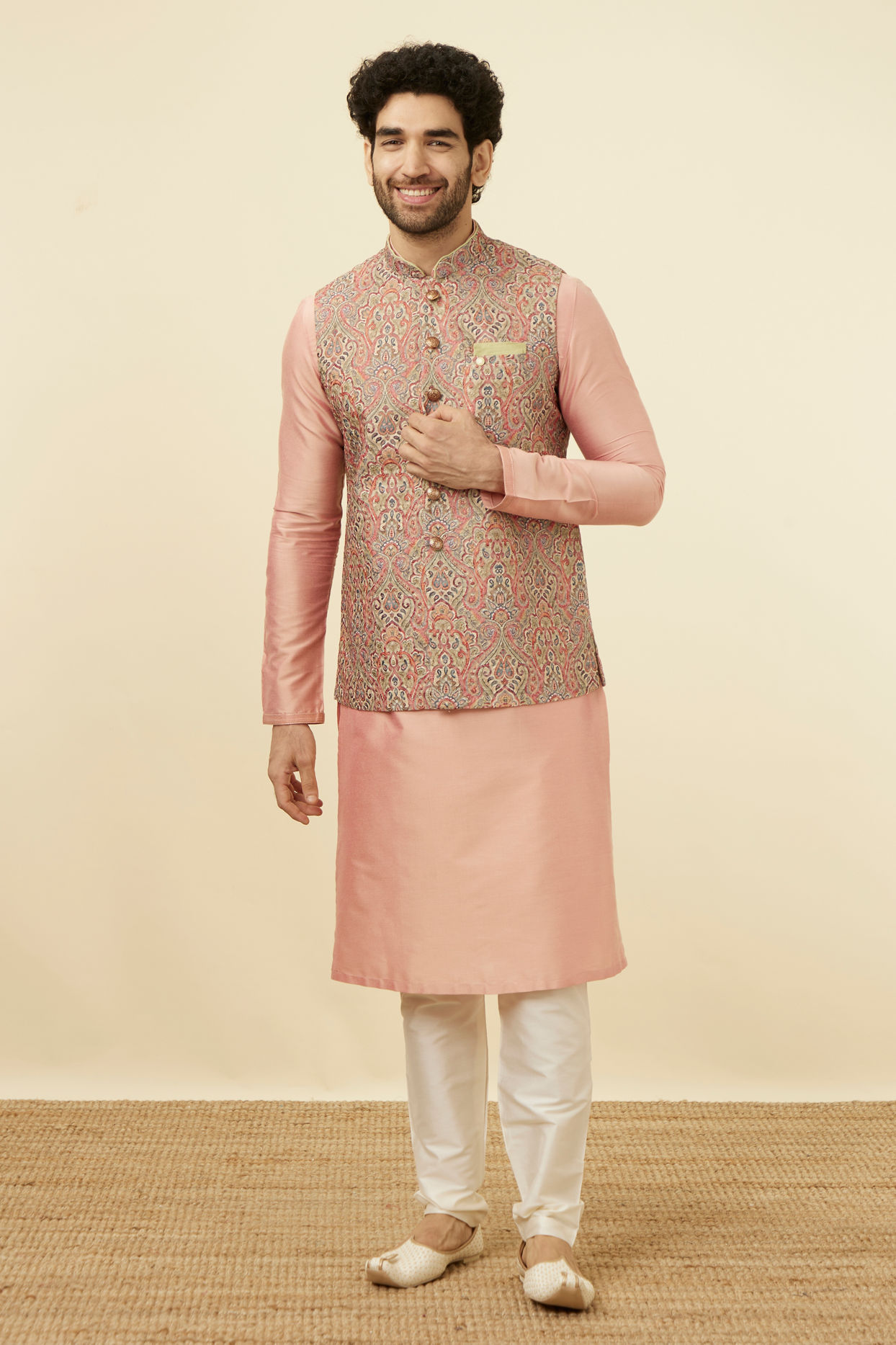 alt message - Manyavar Men Smart-Fit Green Jacket image number 2