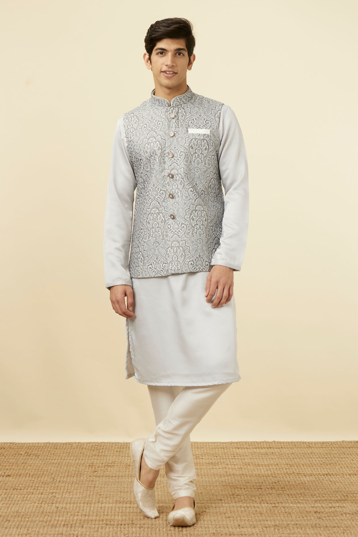 Manyavar Men Pearl RIver Grey Chikankari Inspired Printed Jacket