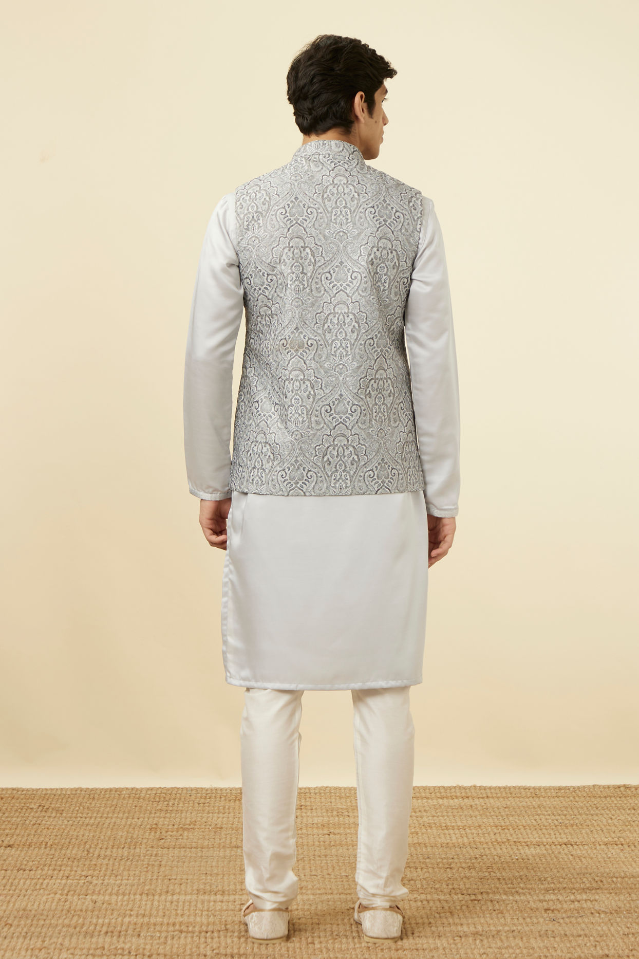 Manyavar Men Pearl RIver Grey Chikankari Inspired Printed Jacket