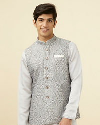 Manyavar Men Pearl RIver Grey Chikankari Inspired Printed Jacket