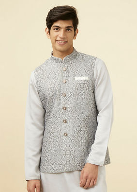 Manyavar Men Pearl RIver Grey Chikankari Inspired Printed Jacket