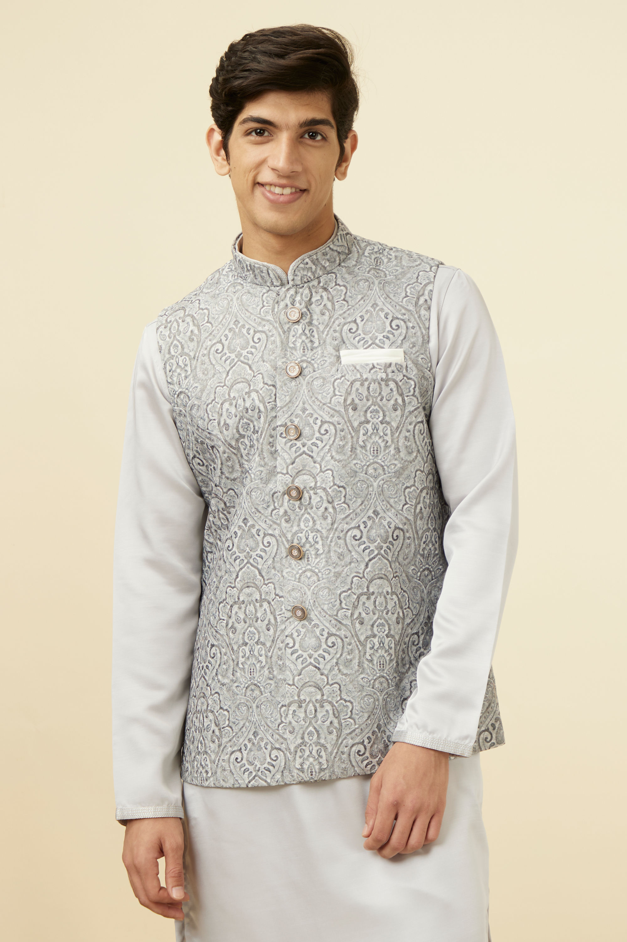 Manyavar Men Pearl RIver Grey Chikankari Inspired Printed Jacket