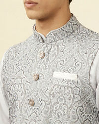 Manyavar Men Pearl RIver Grey Chikankari Inspired Printed Jacket