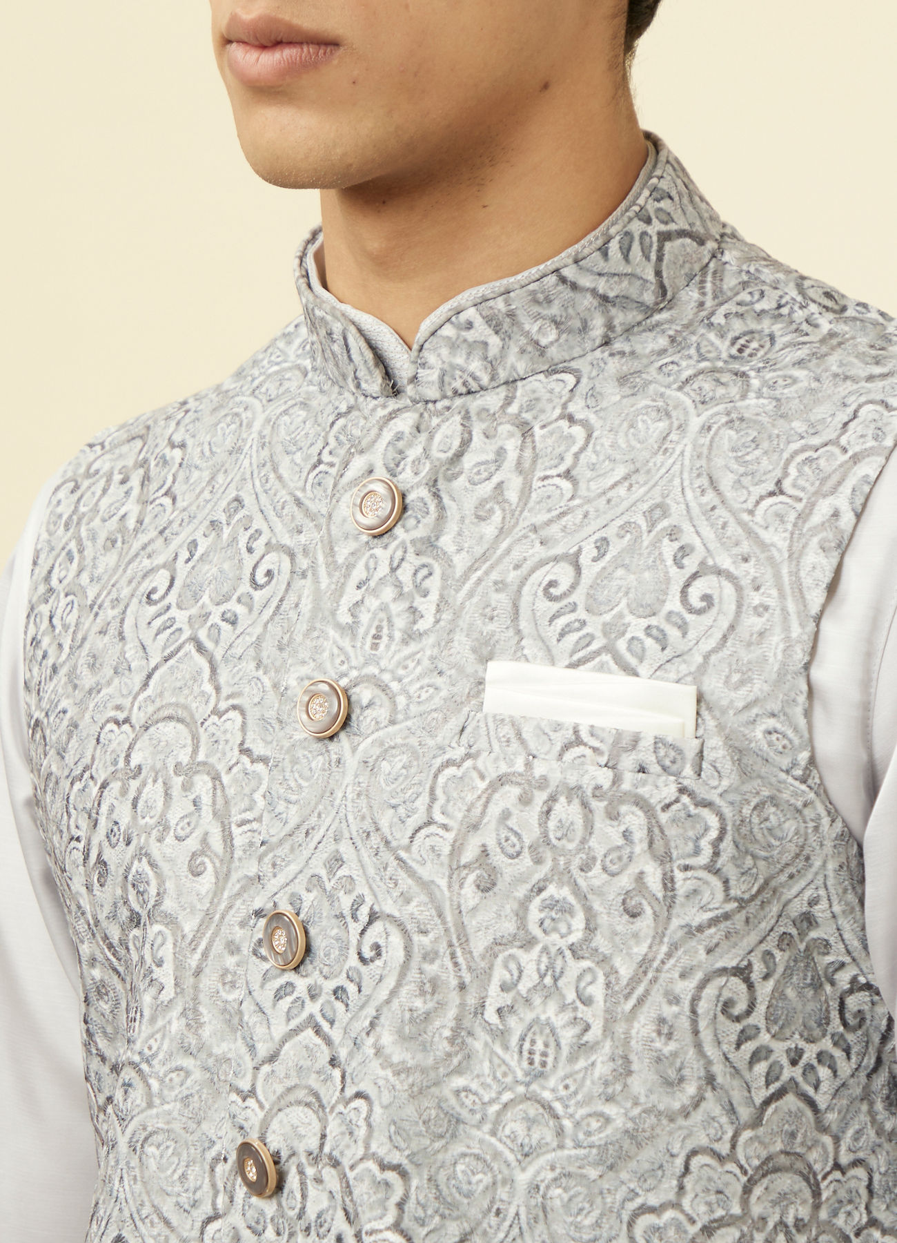 Manyavar Men Pearl RIver Grey Chikankari Inspired Printed Jacket