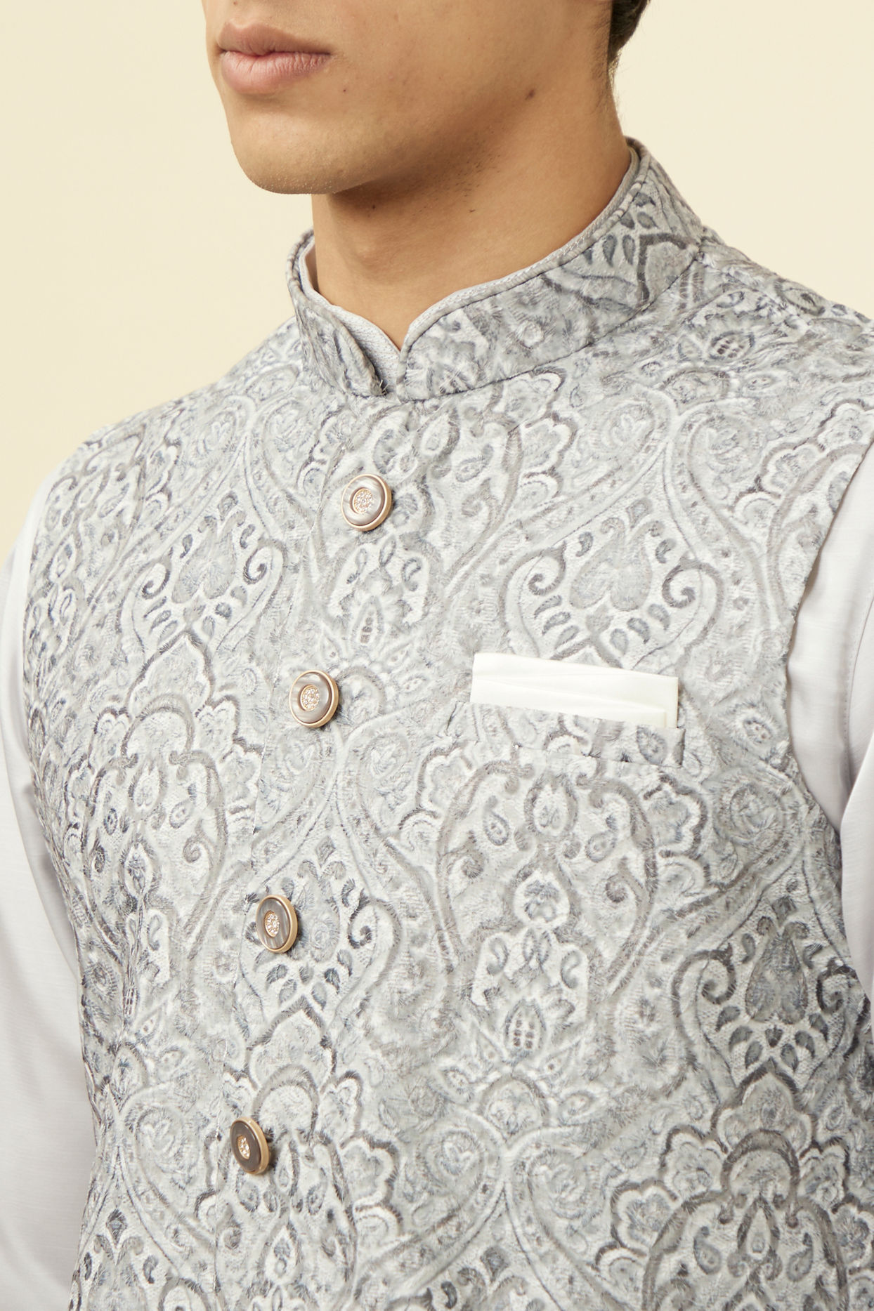 alt message - Manyavar Men Pearl RIver Grey Chikankari Inspired Printed Jacket image number 1