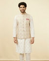 Manyavar Men Cream Pink Floral Printed Half Jacket