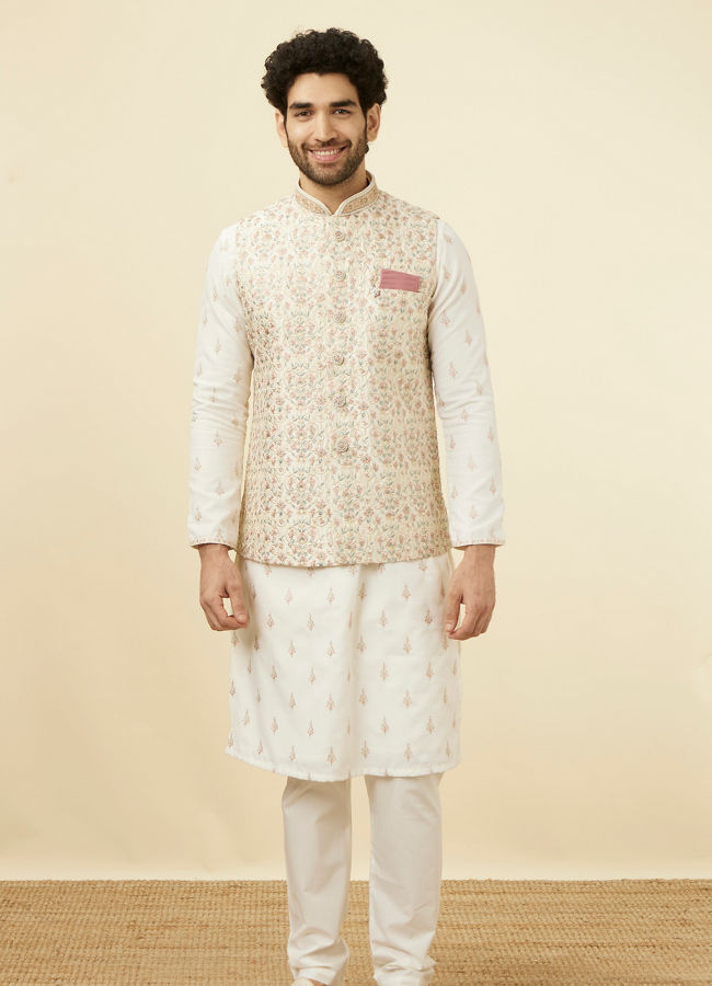 alt message - Manyavar Men Cream Pink Floral Printed Half Jacket image number 2