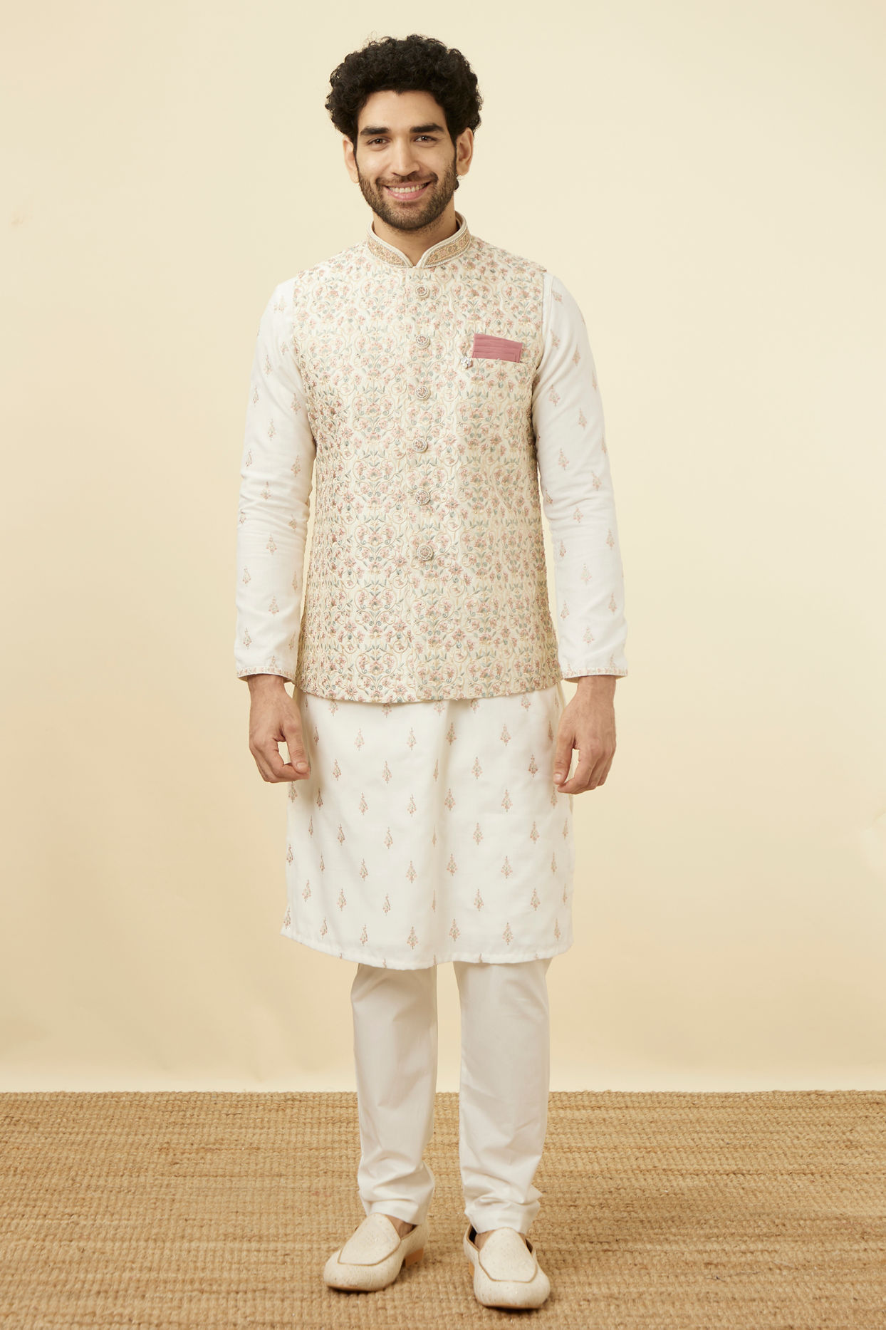 alt message - Manyavar Men Cream Pink Floral Printed Half Jacket image number 2