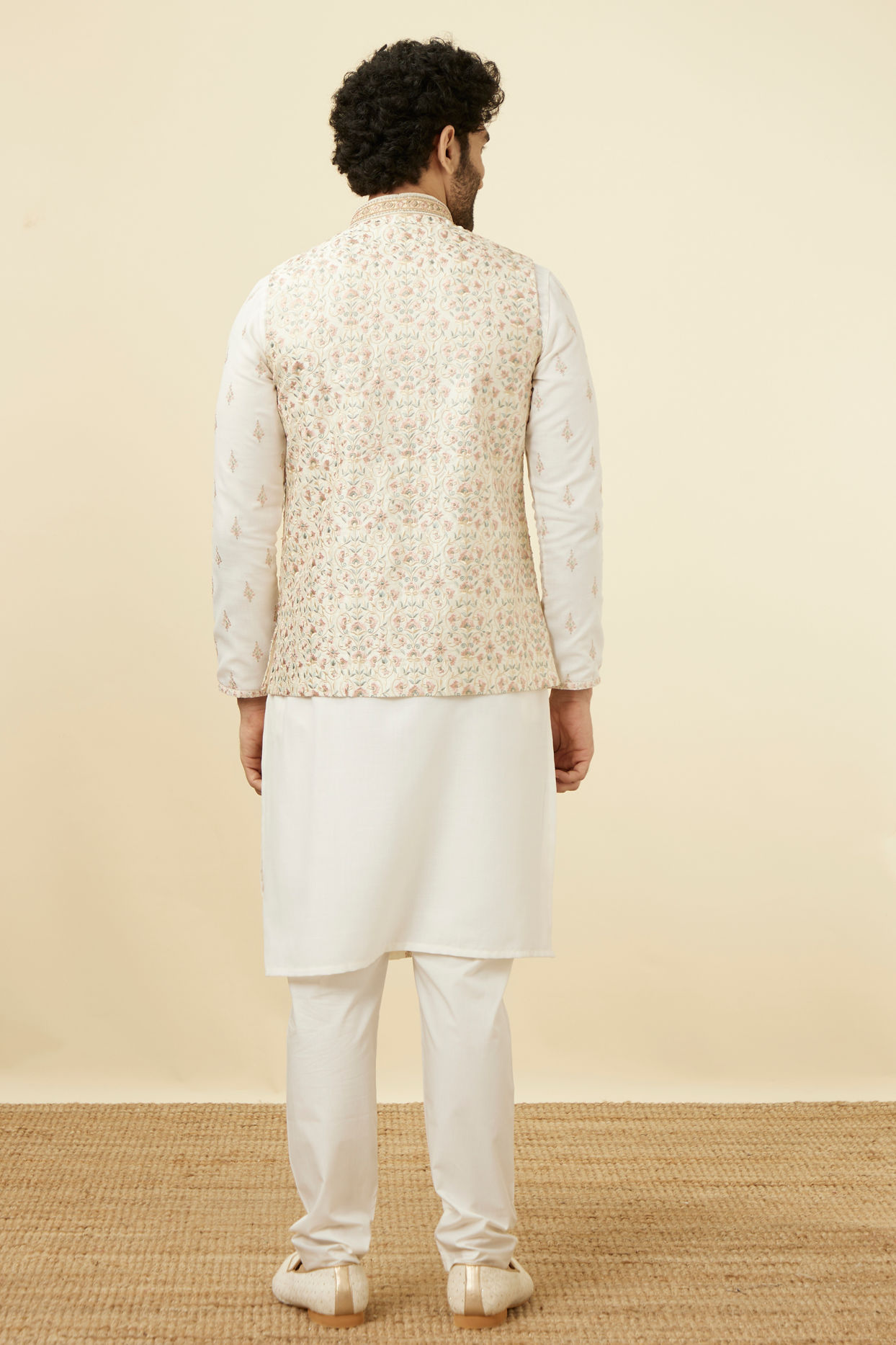 Floral printed nehru jacket with white kurta and pyjama - set of 3