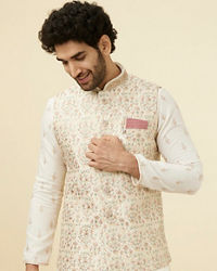 Manyavar Men Cream Pink Floral Printed Half Jacket