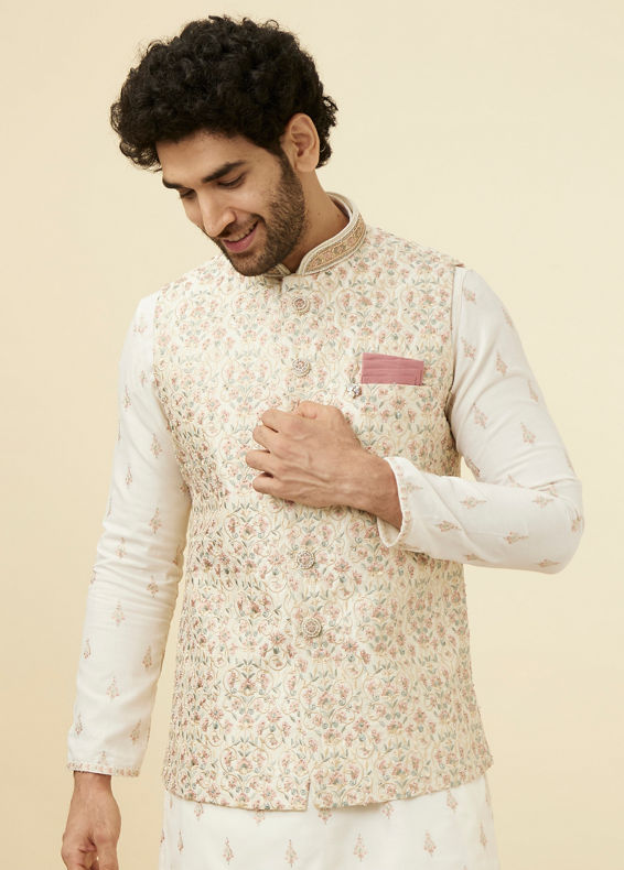 Manyavar Men Cream Pink Floral Printed Half Jacket