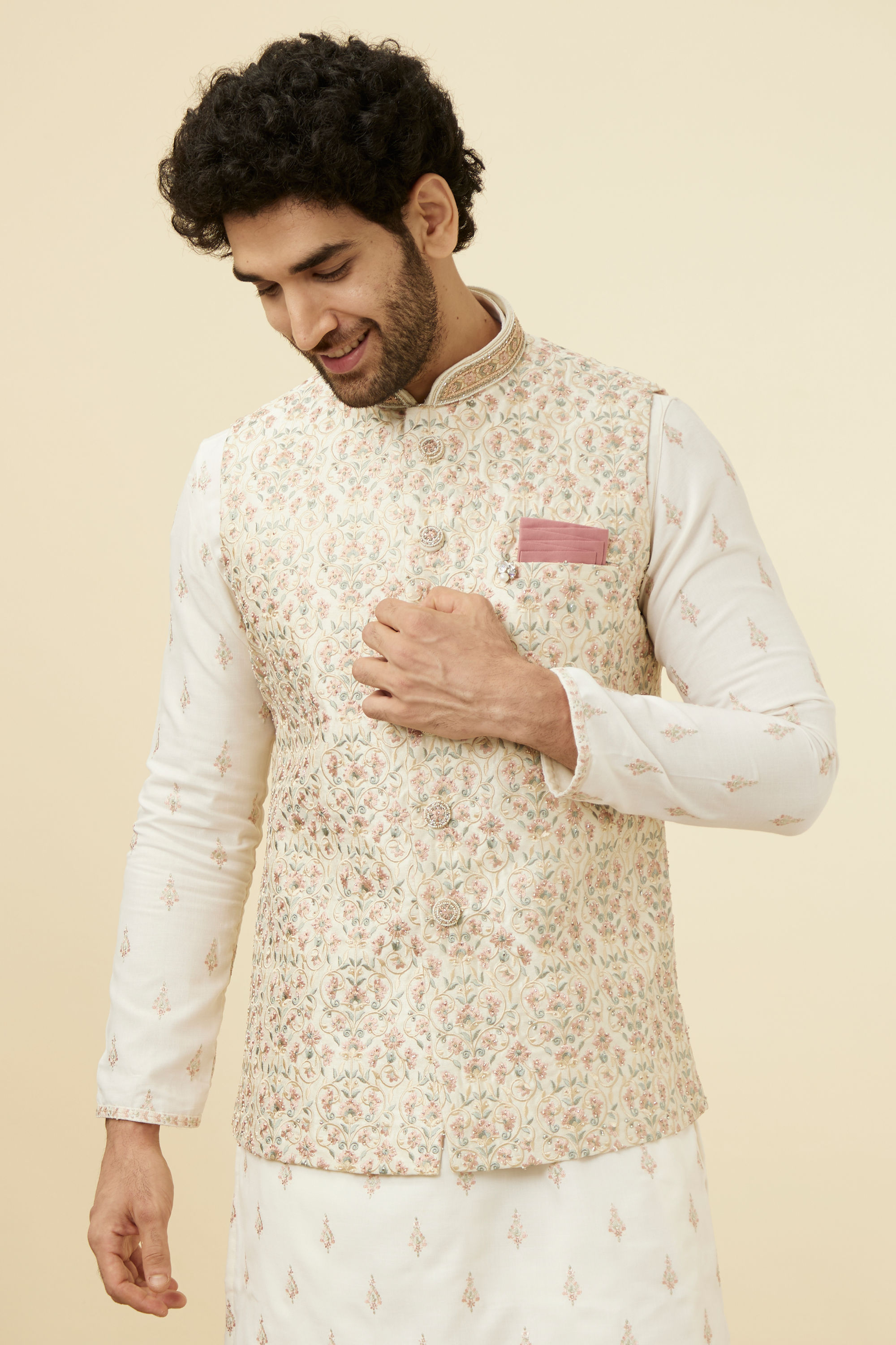 Manyavar Men Cream Pink Floral Printed Half Jacket