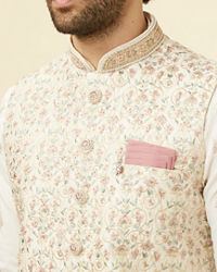 Manyavar Men Cream Pink Floral Printed Half Jacket