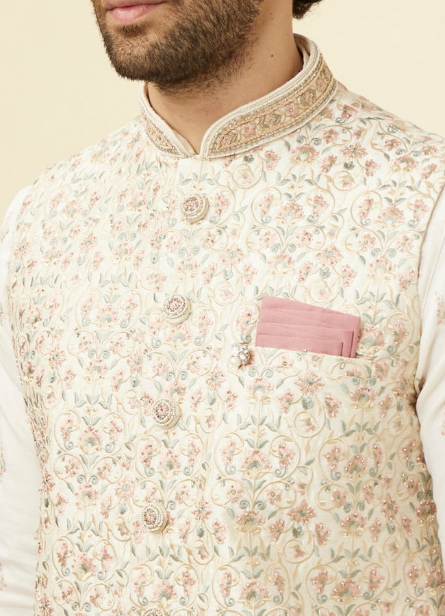 alt message - Manyavar Men Cream Pink Floral Printed Half Jacket image number 1