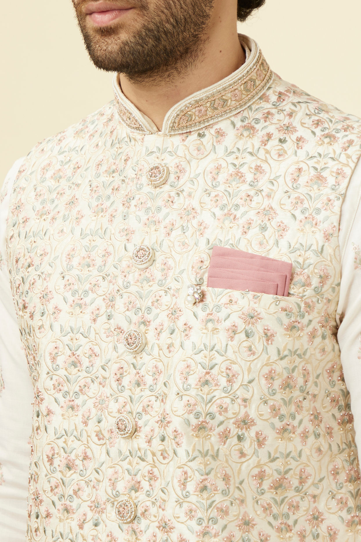 alt message - Manyavar Men Cream Pink Floral Printed Half Jacket image number 1