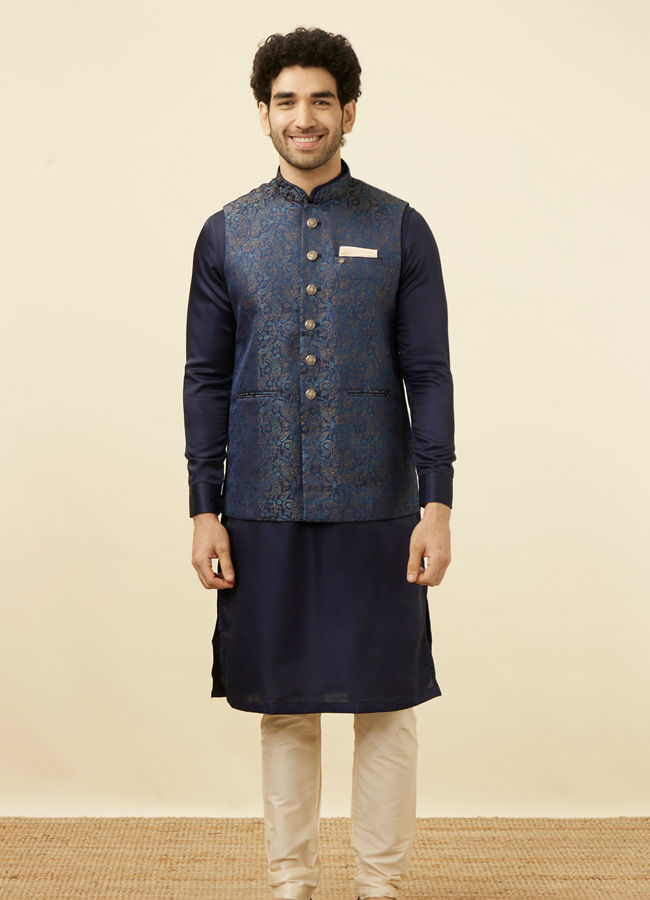 alt message - Manyavar Men Navy Blue Printed Jacket image number 2