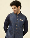 alt message - Manyavar Men Navy Blue Printed Jacket image number 0