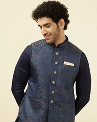 Manyavar Men Navy Blue Printed Jacket