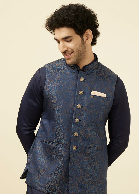 alt message - Manyavar Men Navy Blue Printed Jacket