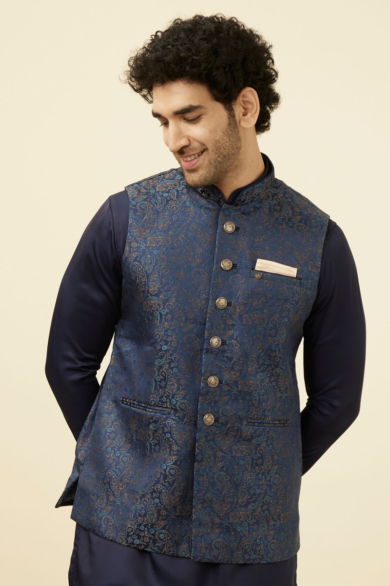 alt message - Manyavar Men Navy Blue Printed Jacket image number 0