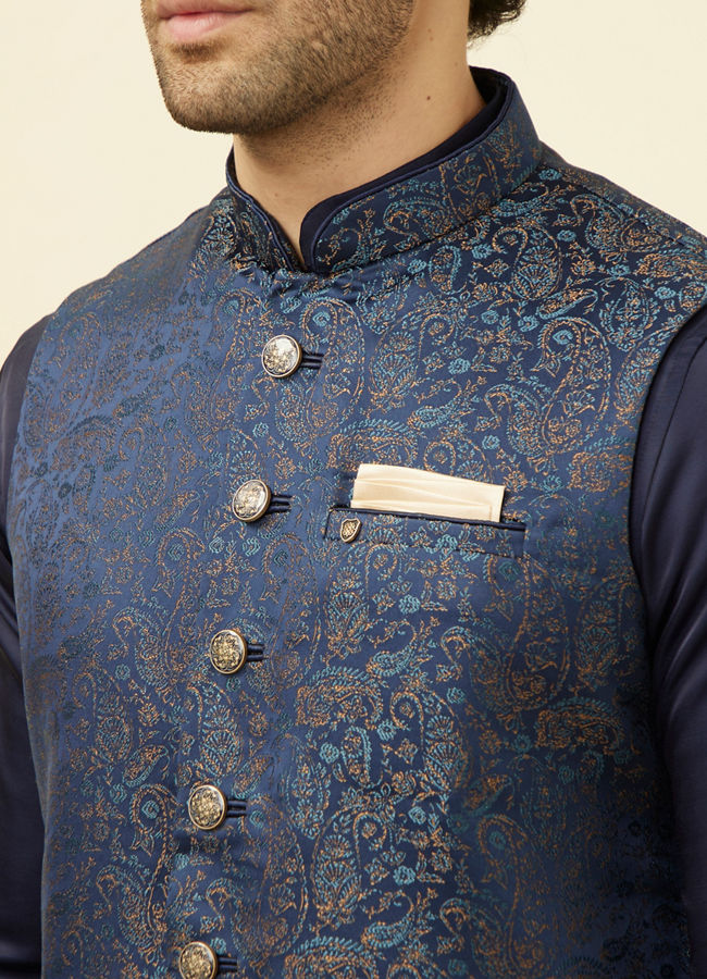 alt message - Manyavar Men Navy Blue Printed Jacket image number 1