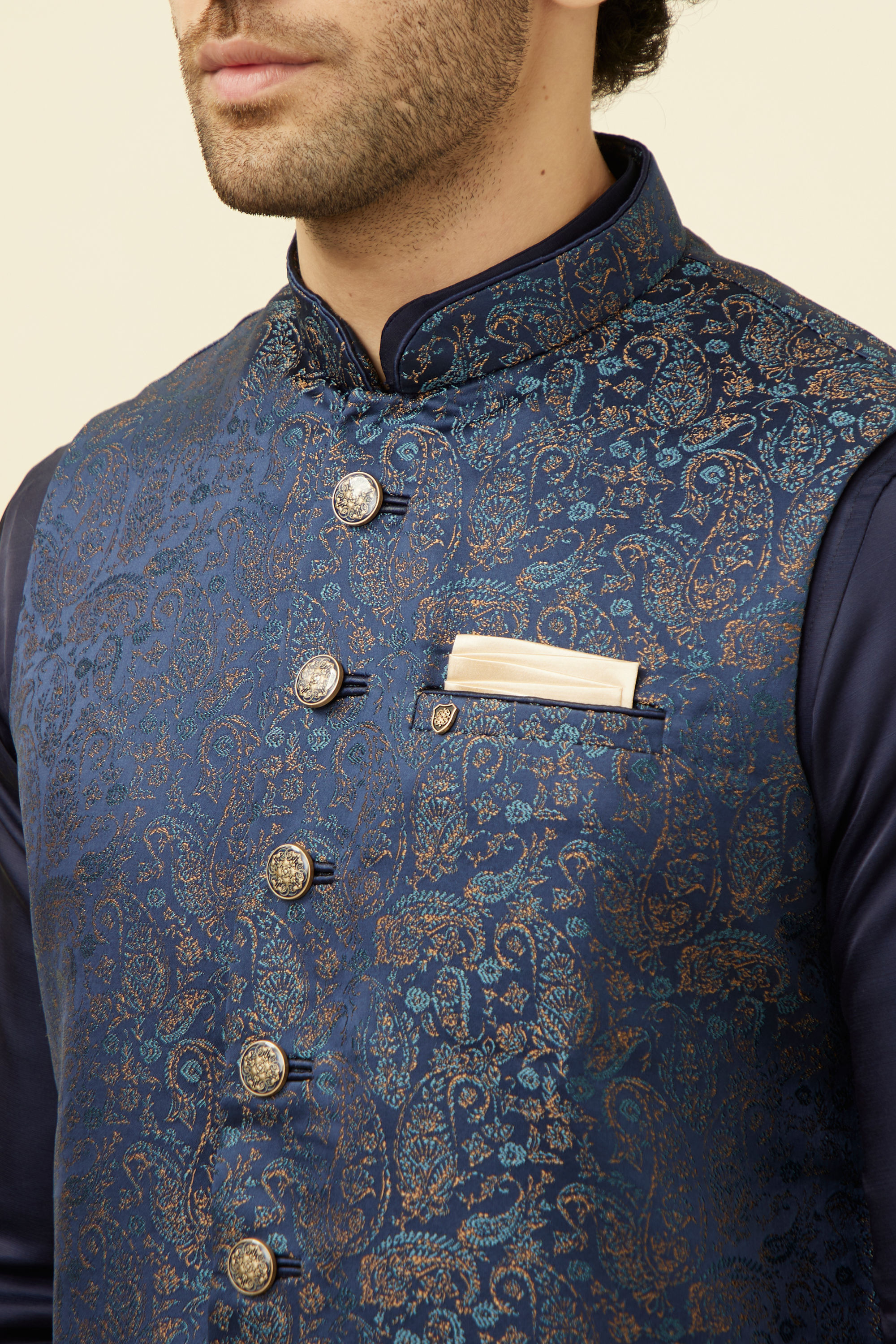 Manyavar Men Navy Blue Printed Jacket