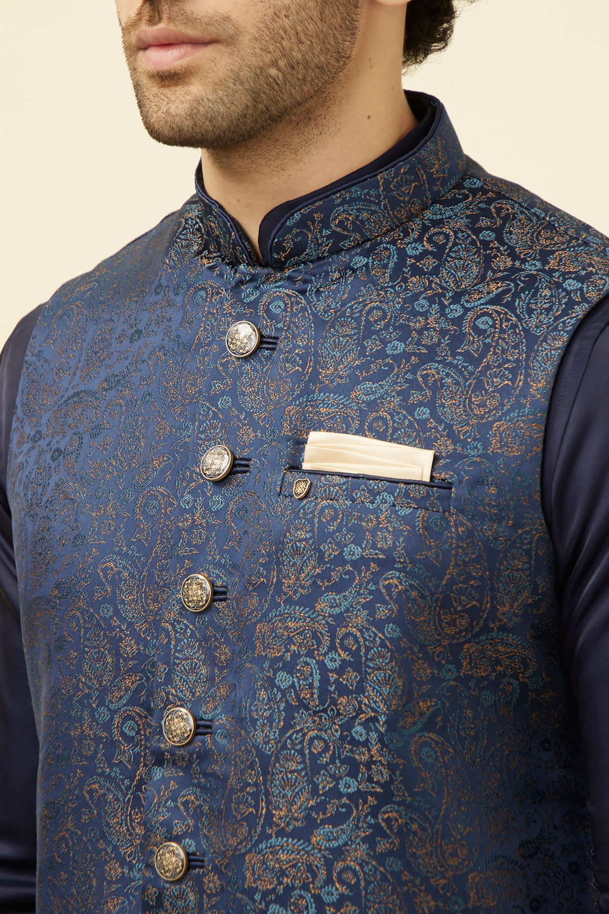 Manyavar Men Navy Blue Printed Jacket