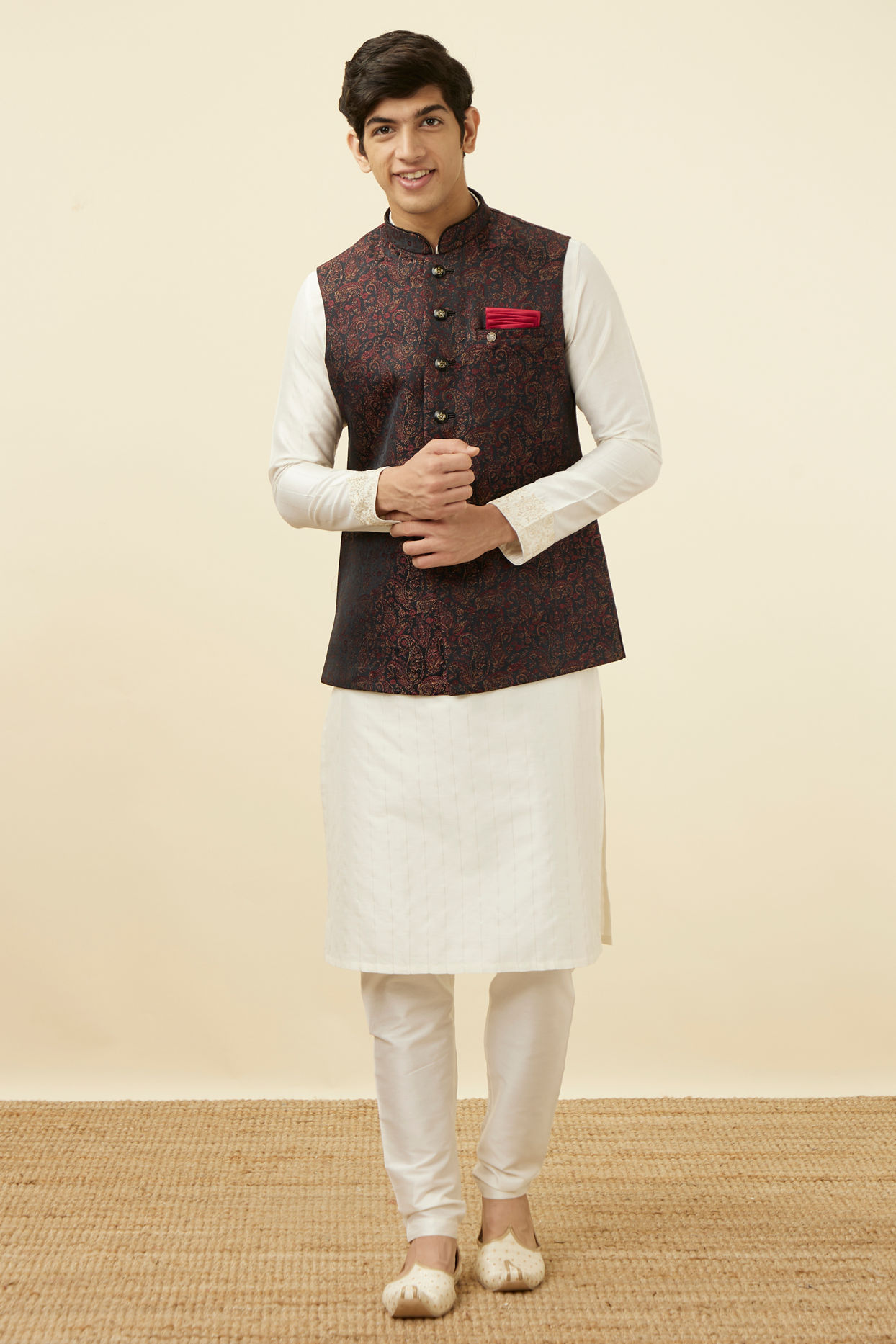 alt message - Manyavar Men Black Jacket With Contrast Prints image number 2