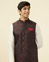 alt message - Manyavar Men Black Jacket With Contrast Prints image number 0