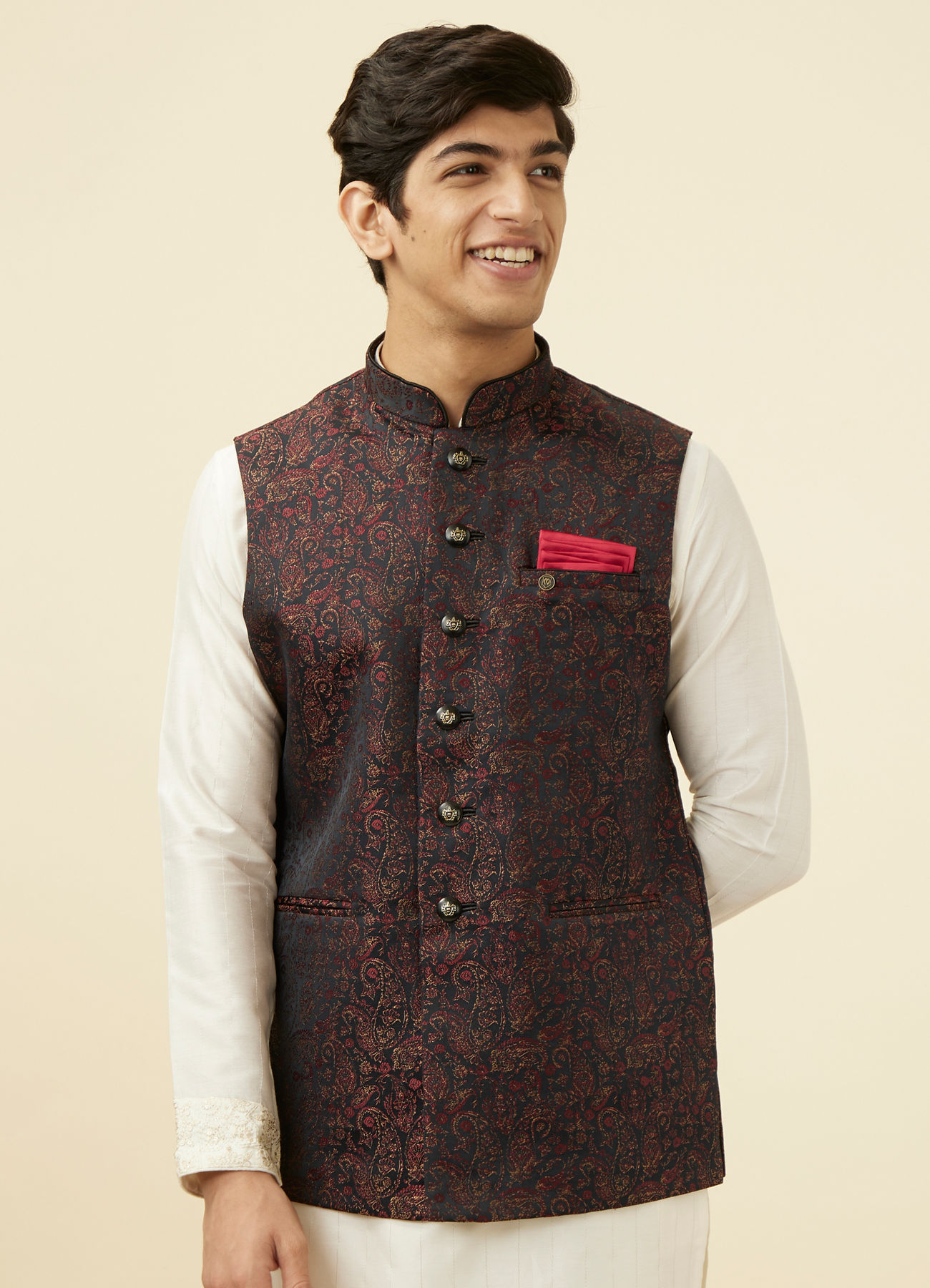 Manyavar Men Black Jacket With Contrast Prints