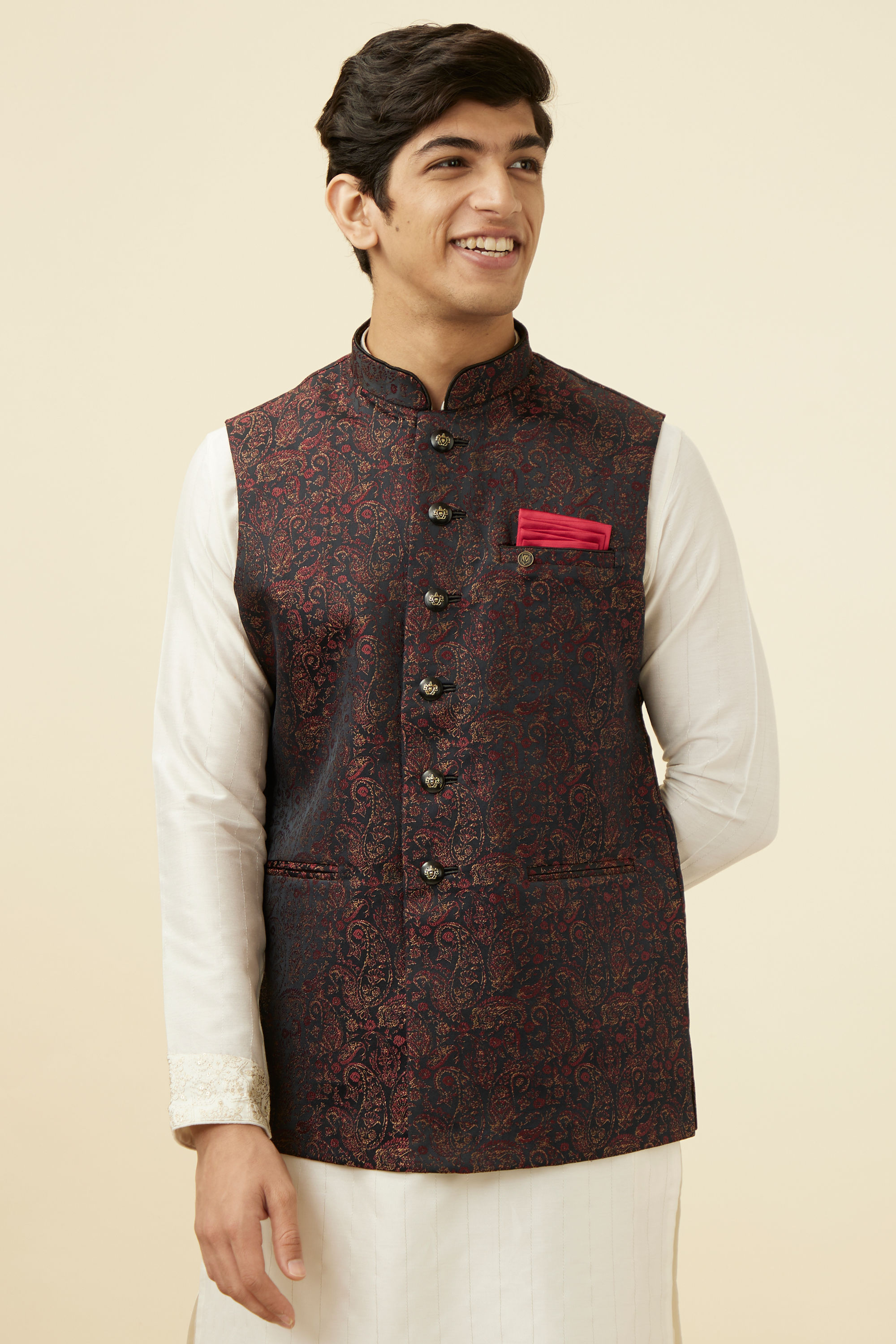 Manyavar Men Black Jacket With Contrast Prints