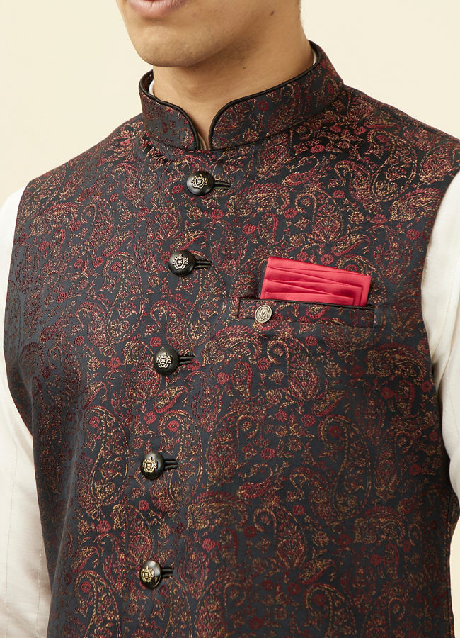 alt message - Manyavar Men Black Jacket With Contrast Prints image number 1