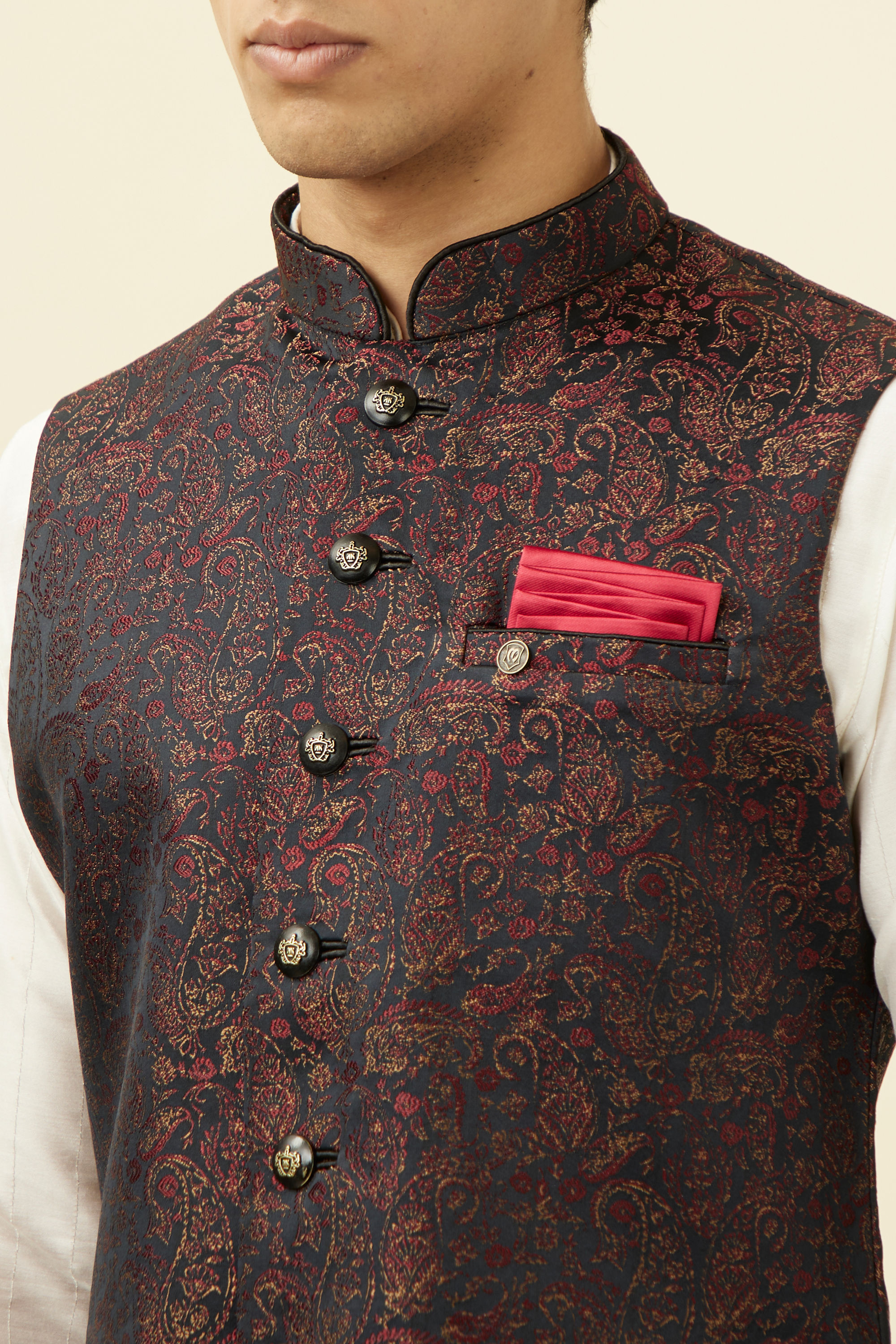 Manyavar Men Black Jacket With Contrast Prints