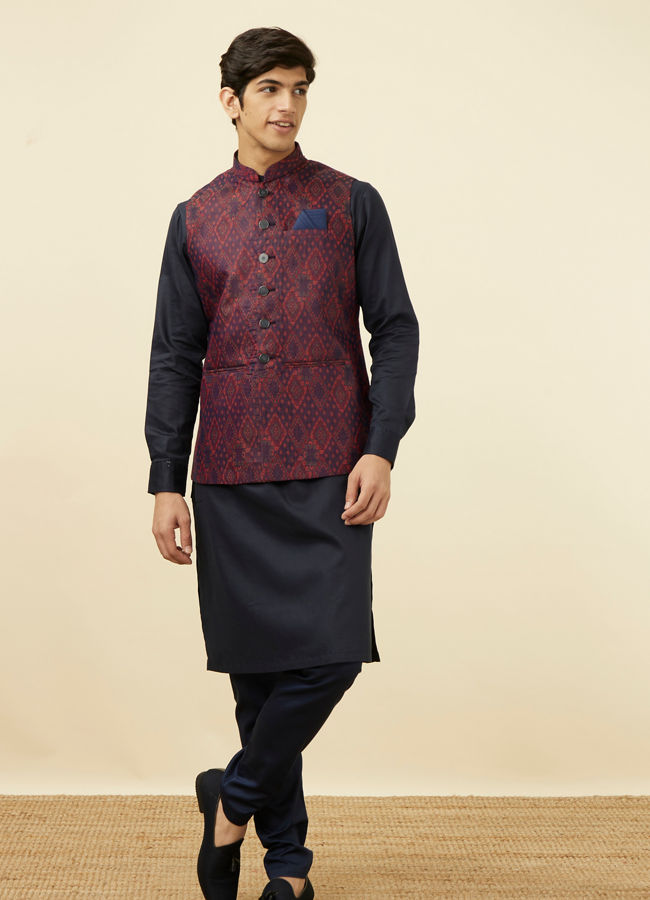 alt message - Manyavar Men Dark Blue Printed Jacket image number 2