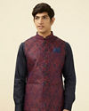 alt message - Manyavar Men Dark Blue Printed Jacket image number 0