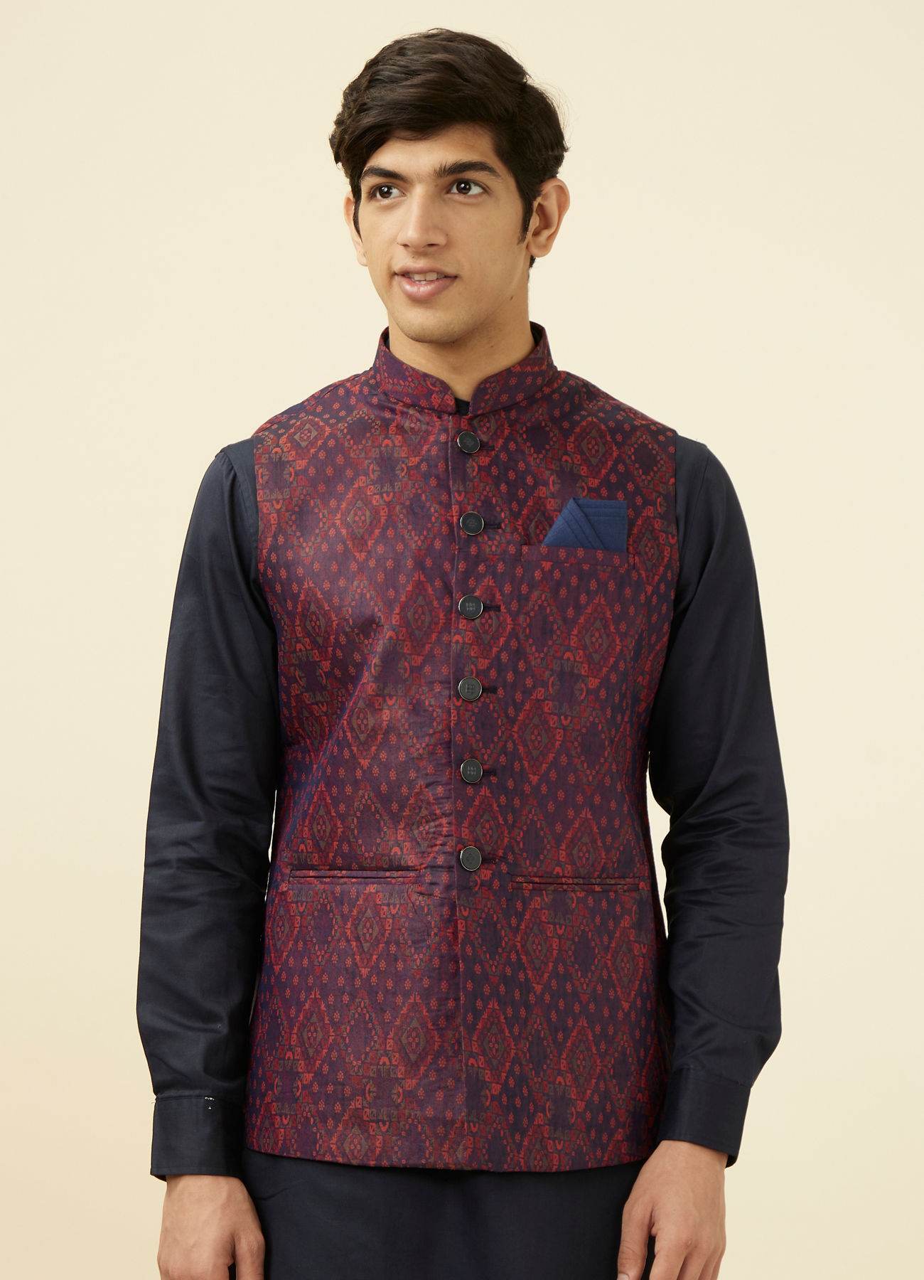 Manyavar Men Dark Blue Printed Jacket