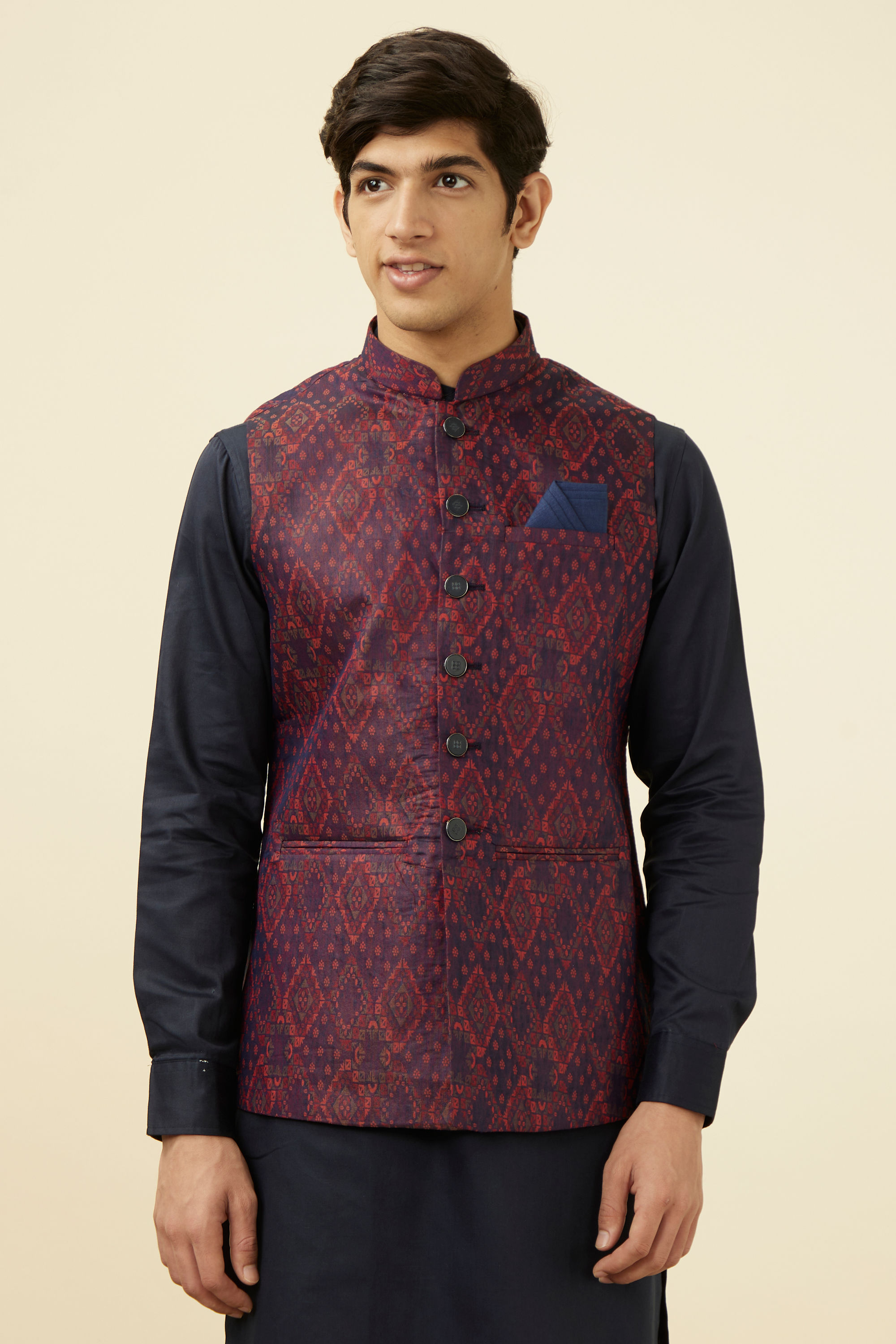 Manyavar Men Dark Blue Printed Jacket