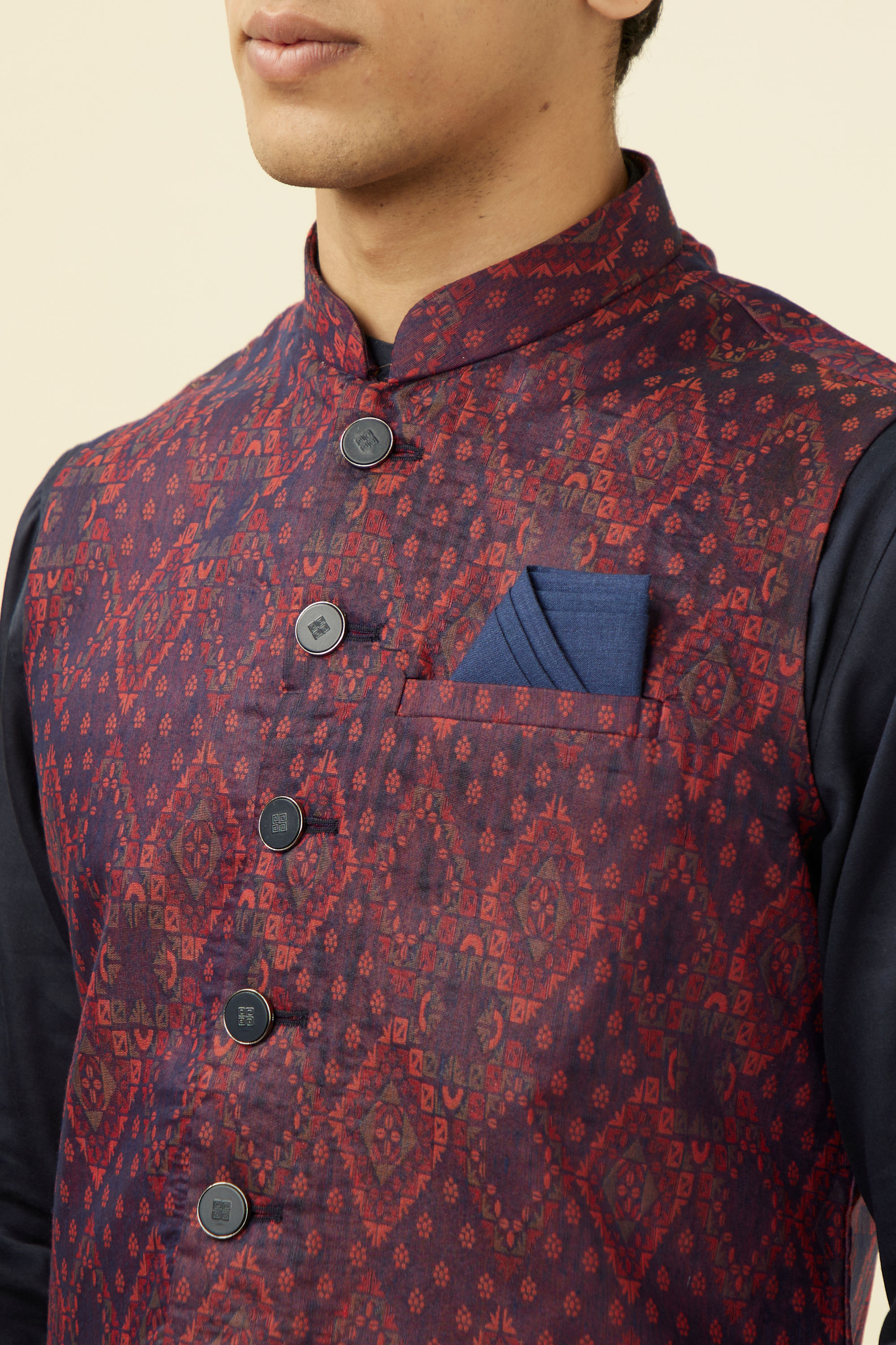 Manyavar Men Dark Blue Printed Jacket