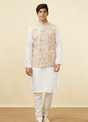 Floral printed nehru jacket with white kurta and pyjama - set of 3 by The  Weave Story