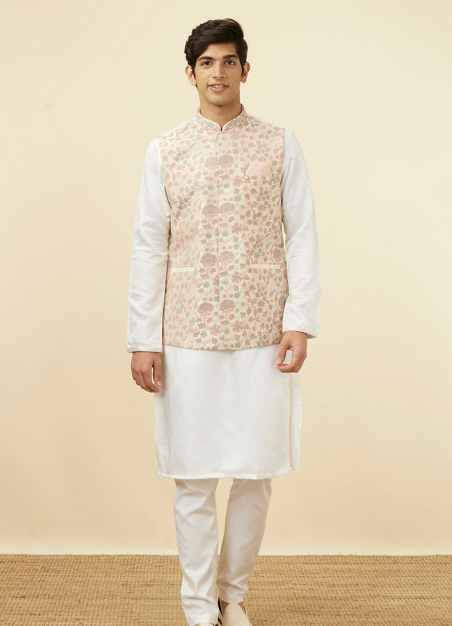 alt message - Manyavar Men Cream Jacket With Contrasting Floral Prints image number 2