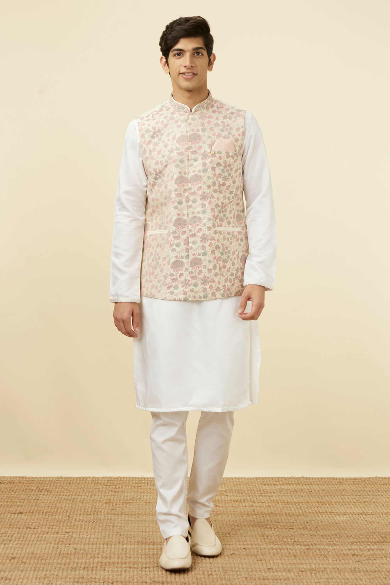 alt message - Manyavar Men Cream Jacket With Contrasting Floral Prints image number 2